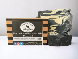 BEST GOATS MILK SOAP - CHARCOAL TRIPLE TWIST UNSCENTED - UNSCENTED BODY BAR - OILY SKIN - Soap unpackaged with box displayed
