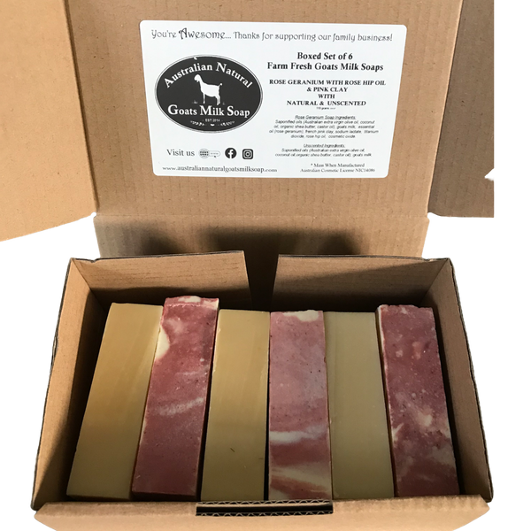 Boxed Set of 6 Nude Goat Milk Soap - Australian Natural Goats Milk Soap - Rose Geranium with Natural &amp; Unscented