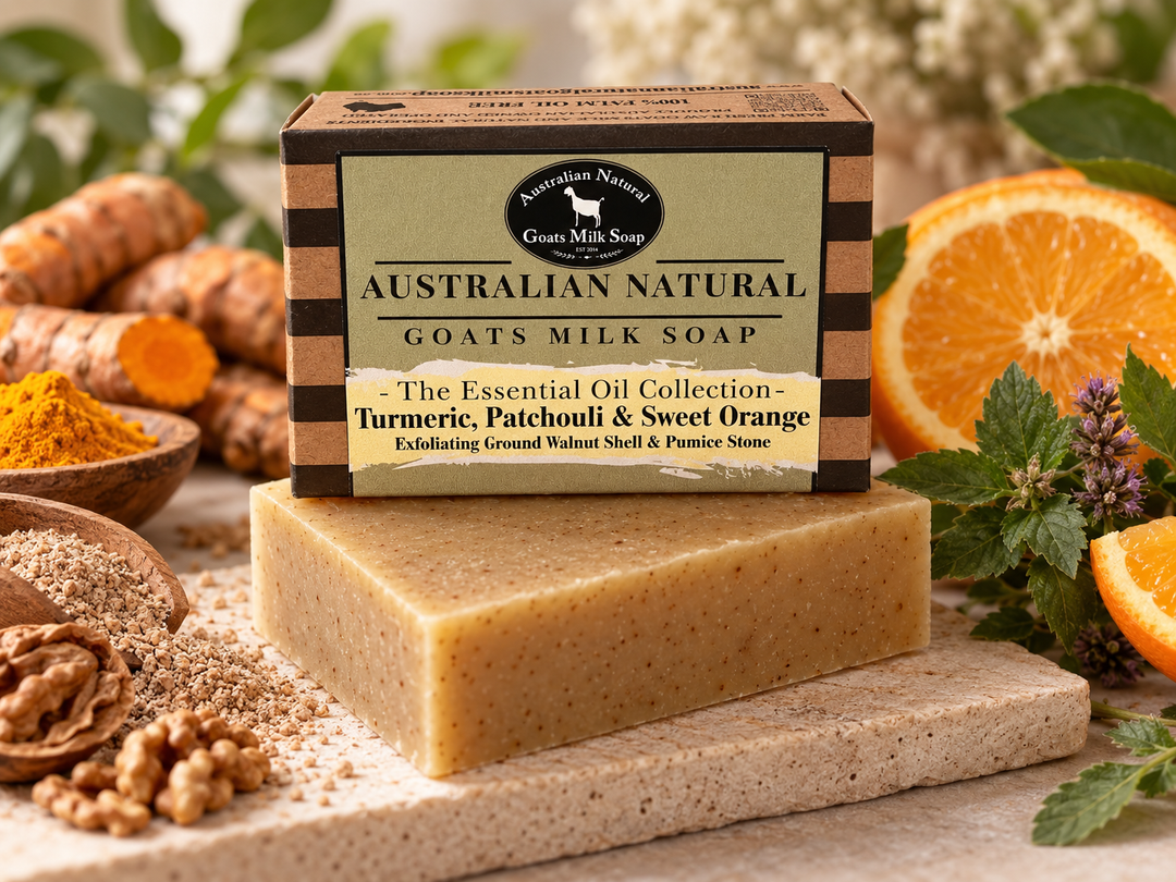 Turmeric, Patchouli &amp; Sweet Orange with Ground Walnut &amp; Pumice Stone Exfoliation | Essential Oil