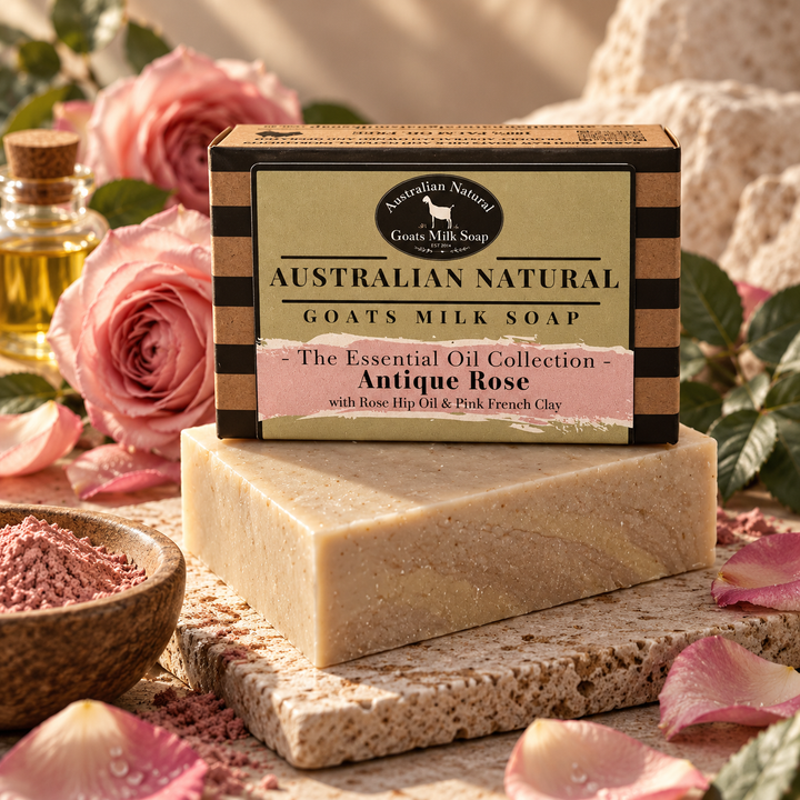ESSENTIAL OIL GOATS MILK SOAP - ROSE ANTIQUE, ROSE GERANIUM WITH ROSE HIP &amp; SOFT PINK CLAY - FLORAL