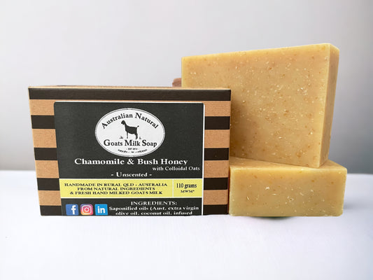 BEST NATURAL GOATS MILK SOAP - CHAMOMILE &amp; BUSH HONEY WITH COLLOIDAL OATS - SENSITIVE SKIN BODY BAR