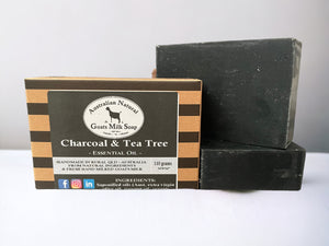 BEST GOATS MILK SOAP - CHARCOAL &amp; TEA TREE - ESSENTIAL OIL BODY BAR - OILY &amp; ACNE SKIN - Unboxed with showing box packaging
