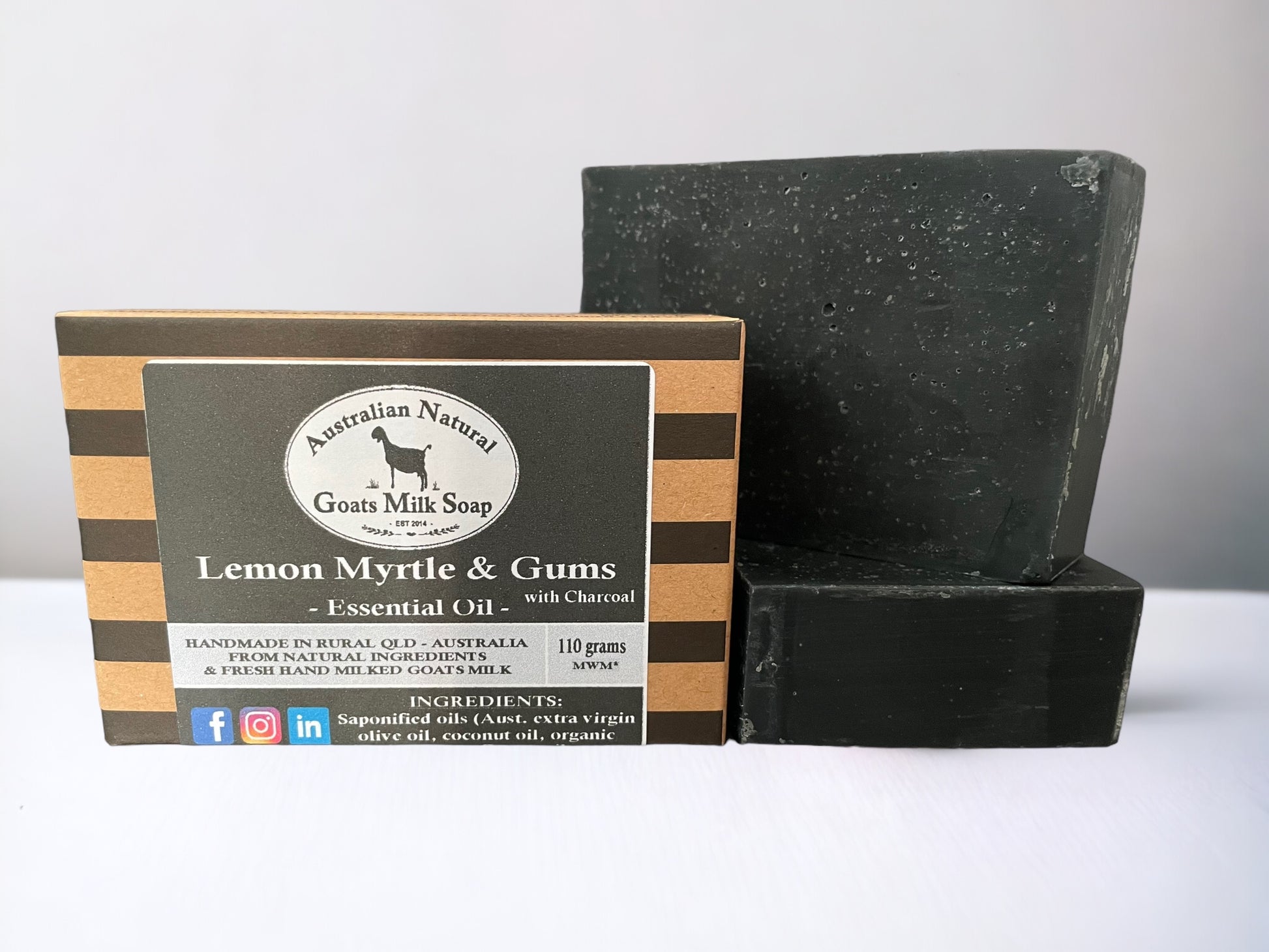 GOATS MILK SOAP - CHARCOAL WITH LEMON MYRTLE &amp; AUSTRALIAN GUMS - ESSENTIAL OIL BODY BAR - OILY &amp; ACNE SKIN