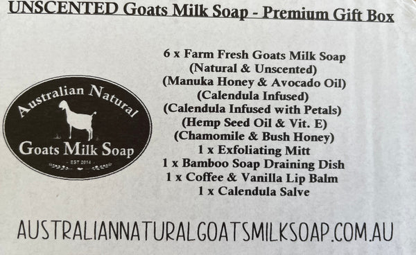 UNSCENTED for Sensitive Skin - Gift Pack - AUSTRALIAN NATURAL GOATS MILK SOAP - BEST GOATS MILK SOAP AUSTRALIA WIDE - List of Contents on back of Gift Box