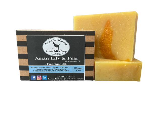 BEST GOATS MILK SOAP - ASIAN LILY WITH PEAR &amp; AVOCADO OIL - FRAGRANCED BODY BAR - Showing both the soap unboxed and boxed