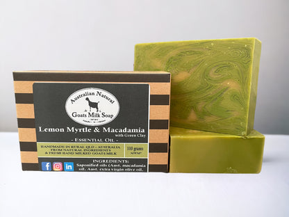 GOATS MILK SOAP - LEMON MYRTLE & MACADAMIA WITH GREEN CLAY - ESSENTIAL OIL BODY BAR