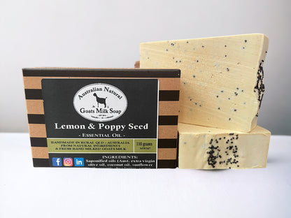 GOATS MILK SOAP - LEMON & POPPY SEED - ESSENTIAL OIL BODY BAR SCRUB