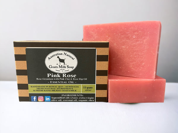GOATS MILK SOAP - ROSE GERANIUM WITH ROSE HIP OIL &amp; PINK CLAY - ESSENTIAL OIL BODY BAR -Unboxed and Boxed