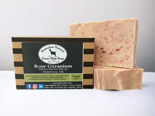 GOATS MILK SOAP - ROSE GERANIUM WITH ROSE HIP OIL & PINK CLAY - ESSENTIAL OIL BODY BAR