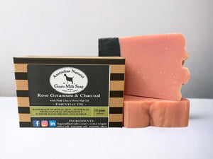 BEST GOATS MILK SOAP - ROSE GERANIUM &amp; CHARCOAL WITH ROSE HIP OIL &amp; PINK CLAY - ESSENTIAL OIL - BODY BAR - Boxed and Unboxed display