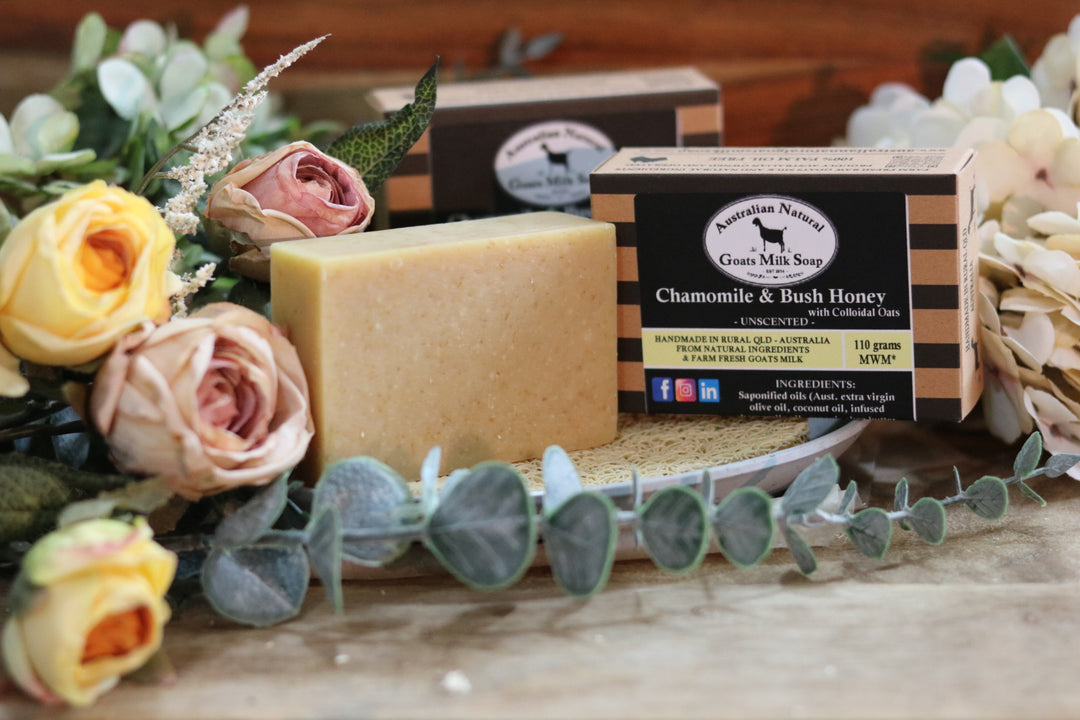 SOOTHING GOATS MILK SOAP - CHAMOMILE & BUSH HONEY WITH COLLOIDAL OATS - Australian Natural Goats Milk Soap