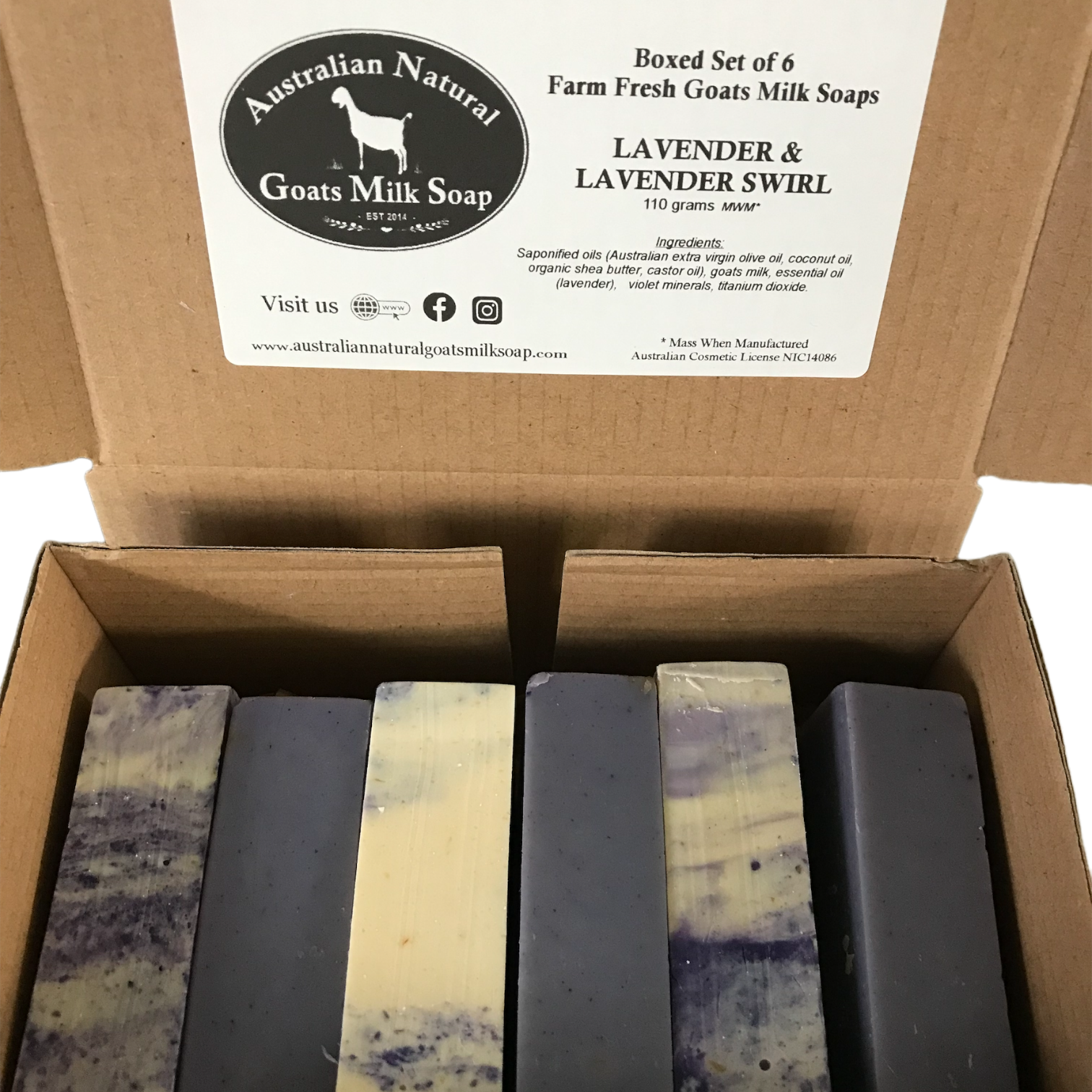 Boxed Set of 6 Nude Goat Milk Soap - Australian Natural Goats Milk Soap - Lavender &amp; Lavender Swirl